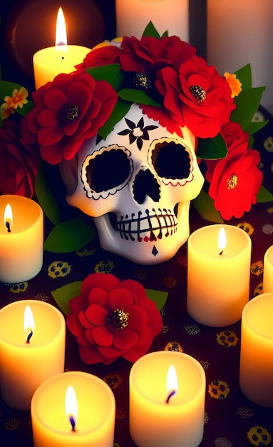 A skull with red flowers and a candle on it generative ai