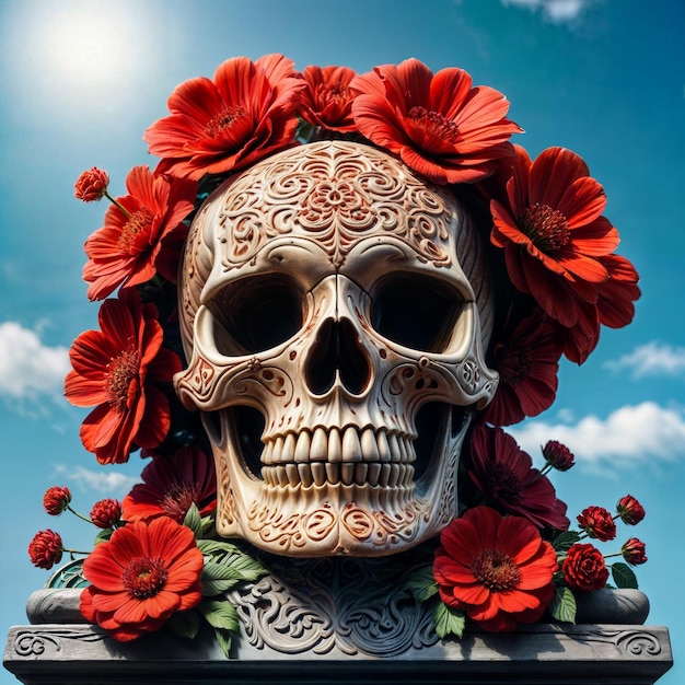 赤い花がついた頭蓋骨とその上に赤い花がある頭蓋骨