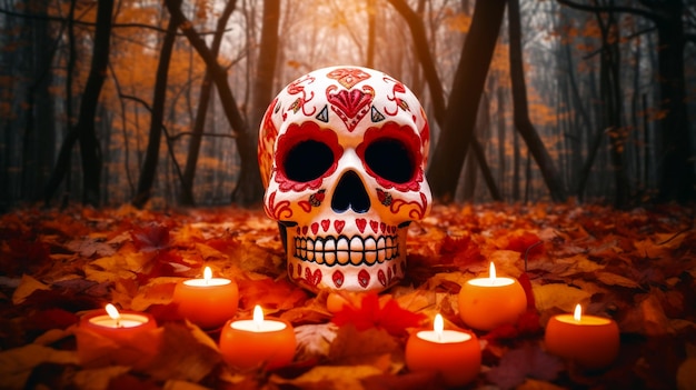 A skull with a red heart on it in the middle of a forest with candles Mexican colorful skull Cinco