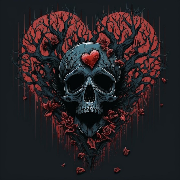 A skull with a red heart on it