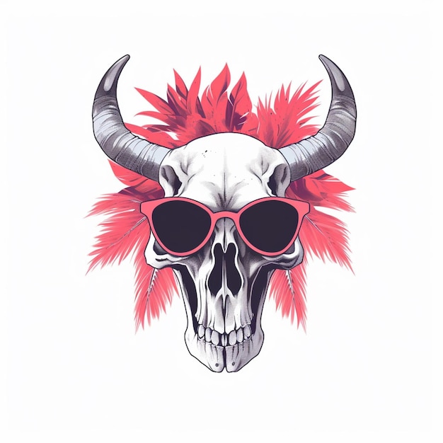 Photo skull with red mohawk and sunglasses on white background generative ai