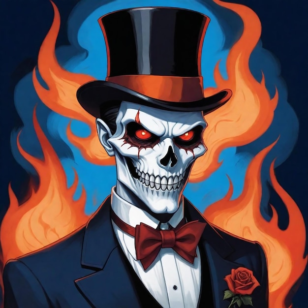 a skull with a red rose on it and a black top hat on it