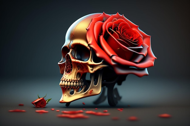 A skull with a red rose on it