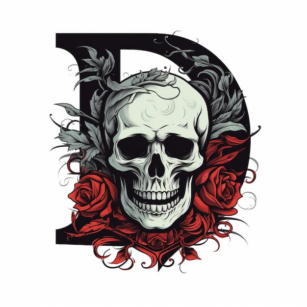 a skull with a red rose and red roses.