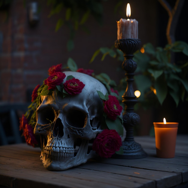 A skull with red roses on it and a candle on a table.