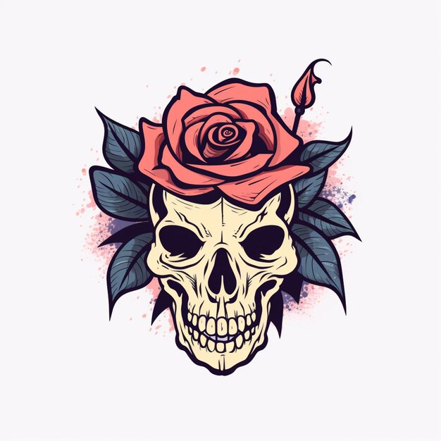 Photo skull with rose tattoo style on head and leaves generative ai