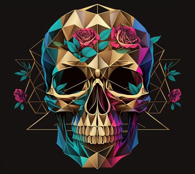 Skull with roses and geometric shapes on a black background vector art illustration