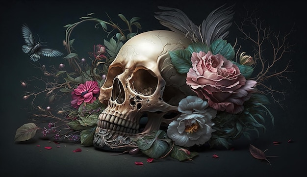 Skull with roses Human Skull in Beautiful Flowers Halloween images Day of the Dead Generative ai