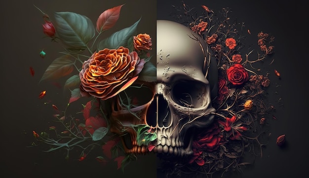 Skull with roses Human Skull in Beautiful Flowers Halloween images Day of the Dead Generative ai