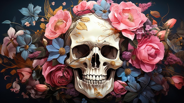 Skull with roses Human Skull in Beautiful Flowers Halloween images Day of the Dead