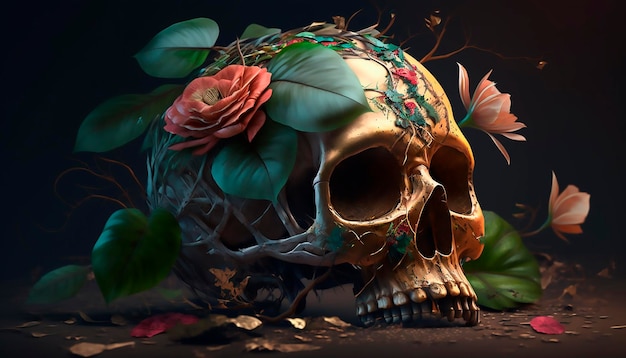 写真 バラと頭蓋骨 美しい花の人間の頭蓋骨 ハロウィン画像 死者の日 ジェネレーティブ ai