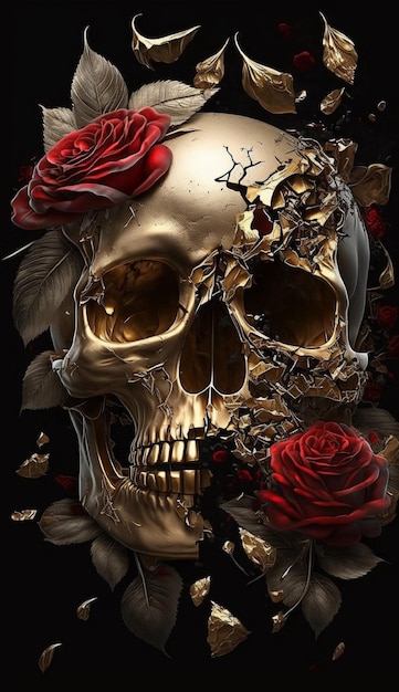 Skull with roses on it and a red flower on the back