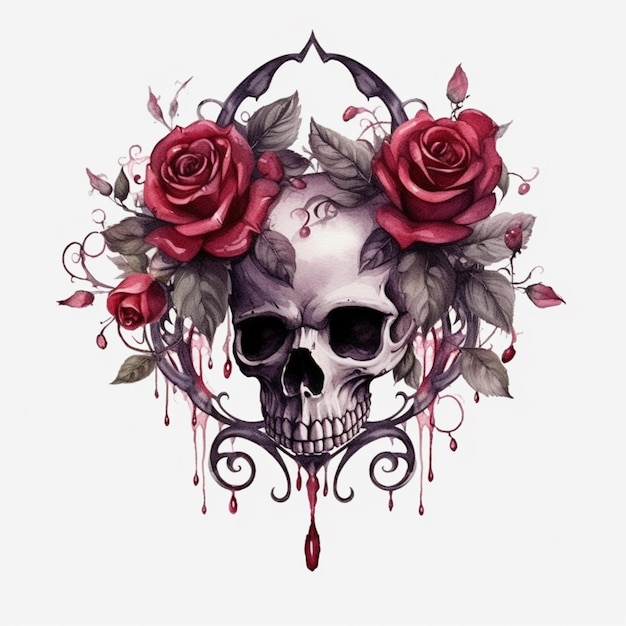 A skull with roses and a red cross on it