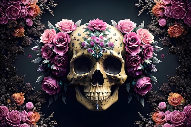 A skull with roses and roses on it