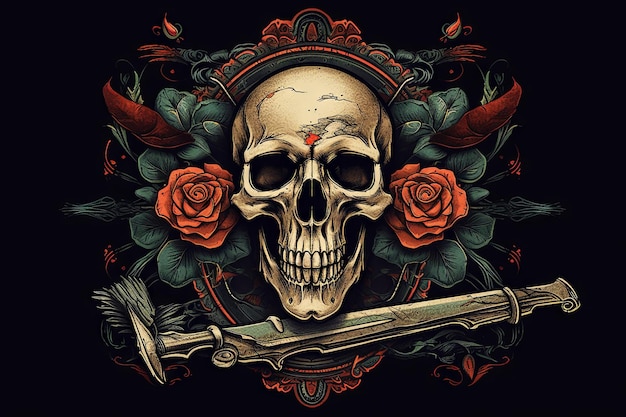 A skull with roses and a sword on it
