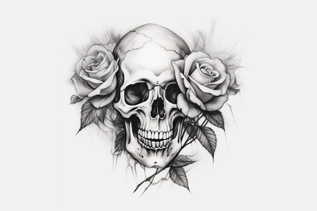 Photo skull with roses tattoo sketch beautiful illustration picture generative ai