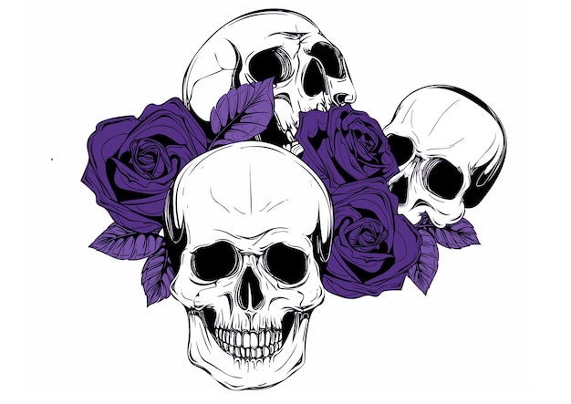 a skull with roses on white background
