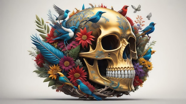 A skull with a skull and birds on it