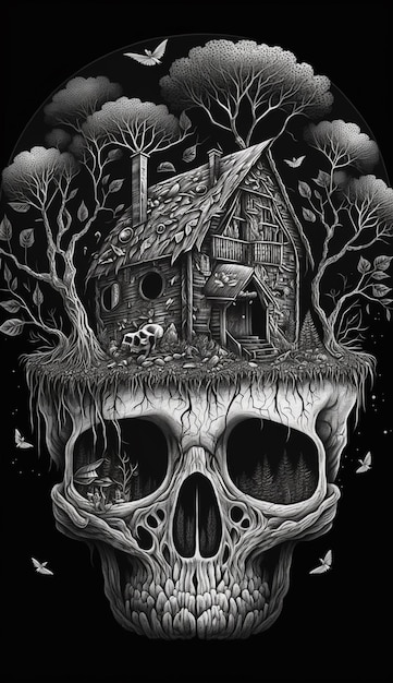 A skull with a skull and a house on it.