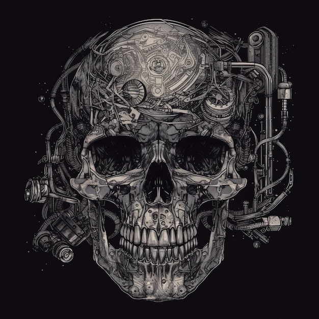 a skull with a skull and a machine gun in the background.