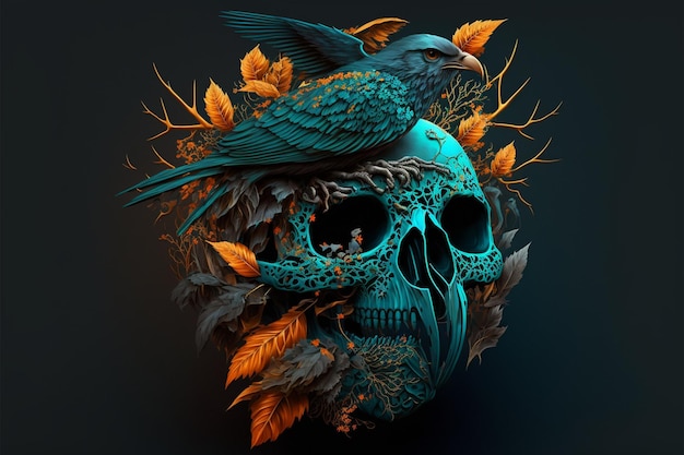 a skull with a skull and a skull with a skull and leaves.