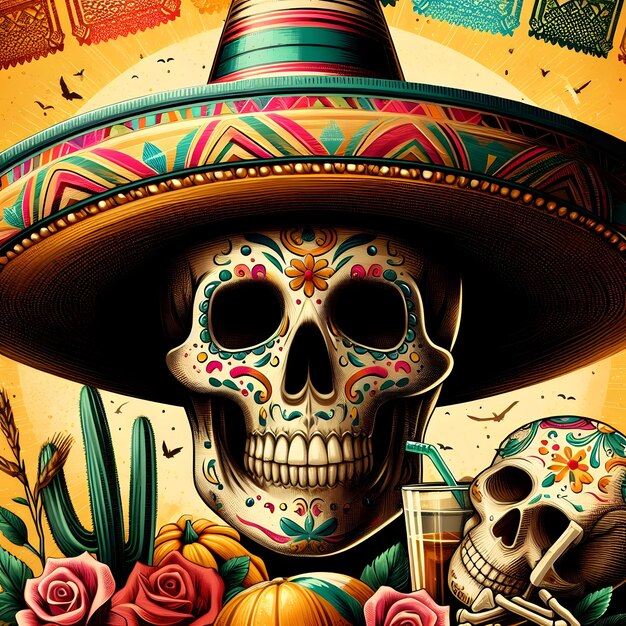 a skull with a sombrero and a skull on it