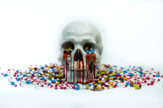 A skull with a sprinkle of pills on it