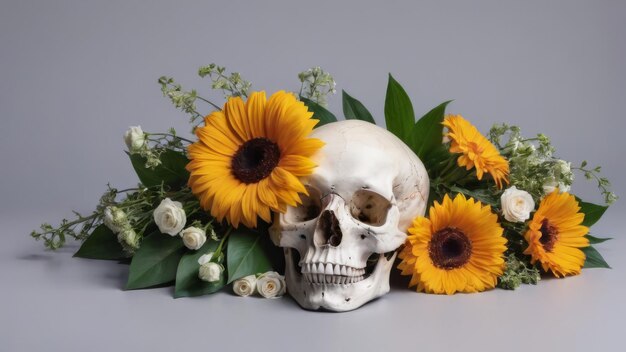 太陽の花が付いた頭蓋骨と太陽の花の頭蓋骨