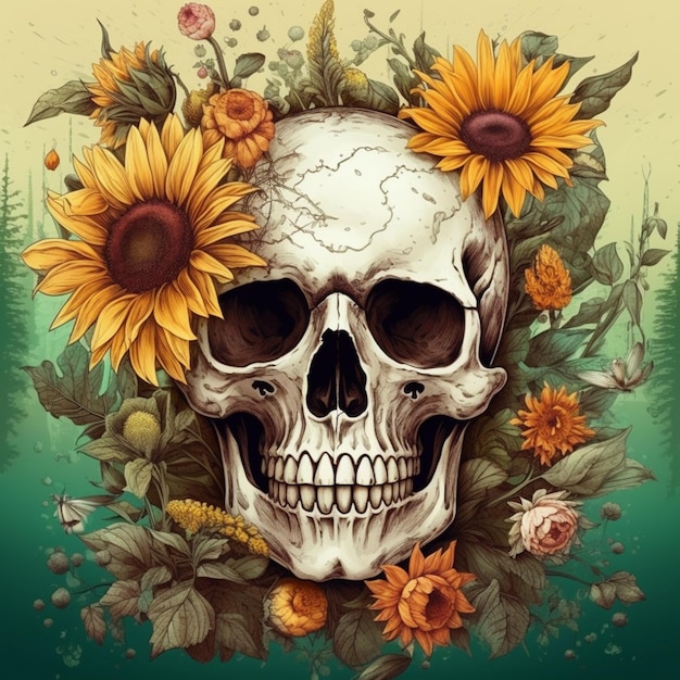 skull with sunflowers and leaves on a green background generative ai