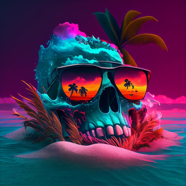 Photo skull with sunglasses on a beach with palm trees and a sunset generative ai