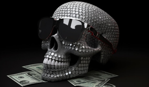 A skull with sunglasses and a black background is on a table with money.