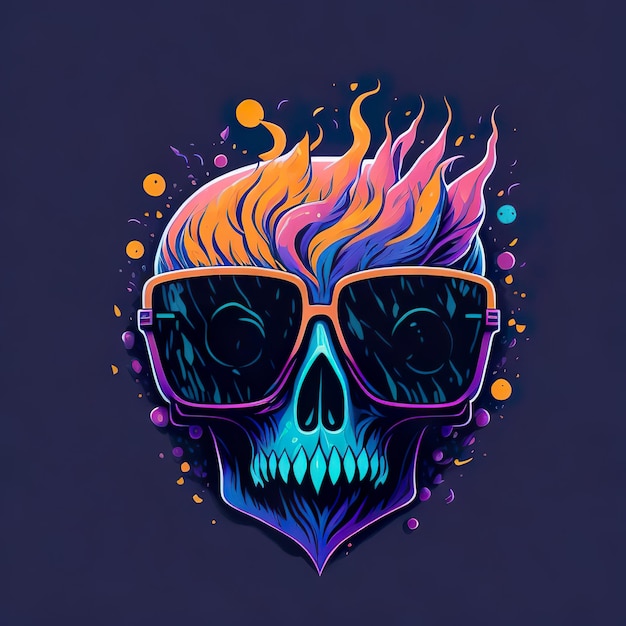 A skull with sunglasses and a flame on it.