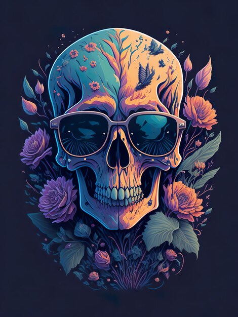 A skull with sunglasses and a flower on it