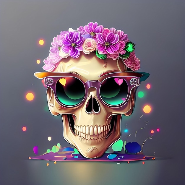 A skull with sunglasses and flowers on it and a flower on it.