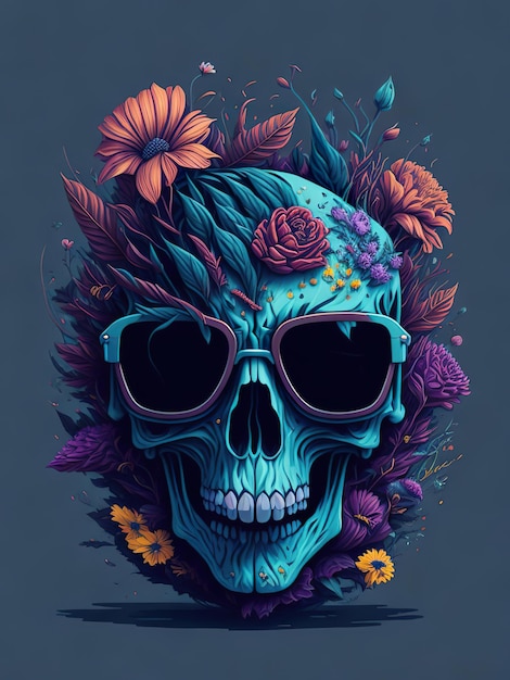 A skull with sunglasses and flowers on it