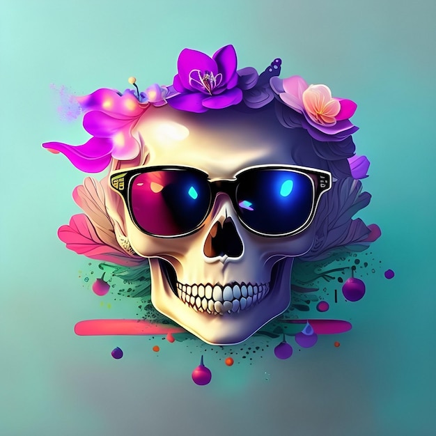 A skull with sunglasses and flowers on it.