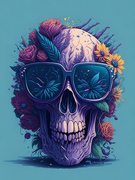 A skull with sunglasses and flowers on it