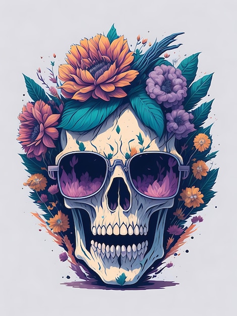 A skull with sunglasses and flowers on it