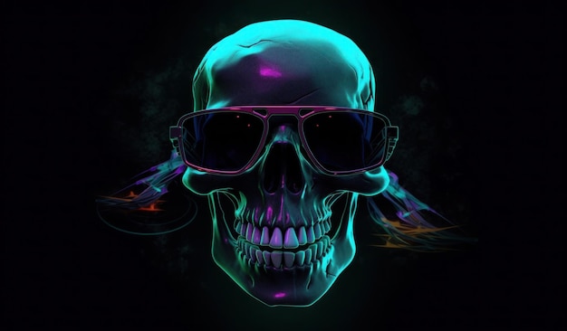 A skull with sunglasses and a neon light