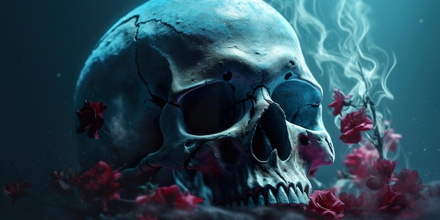 A skull with sunglasses sitting in a field of flowers generative ai image