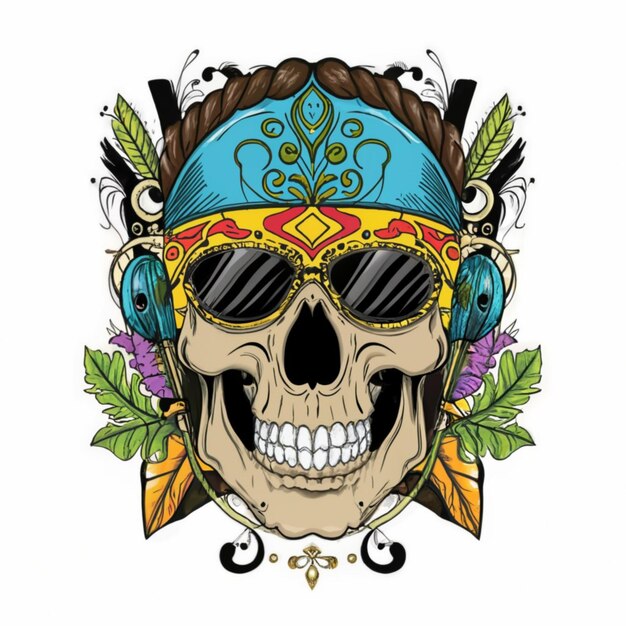 a skull with sunglasses and a skull with a bandana on it
