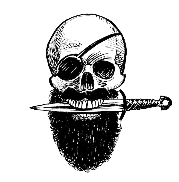 A skull with a sword in his mouth is holding a sword.