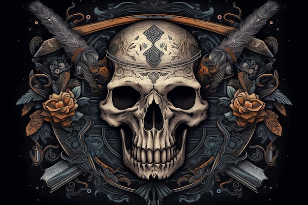 A skull with a sword and roses on it