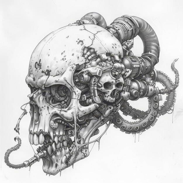 Photo skull with tentacles on a white background handdrawn illustration