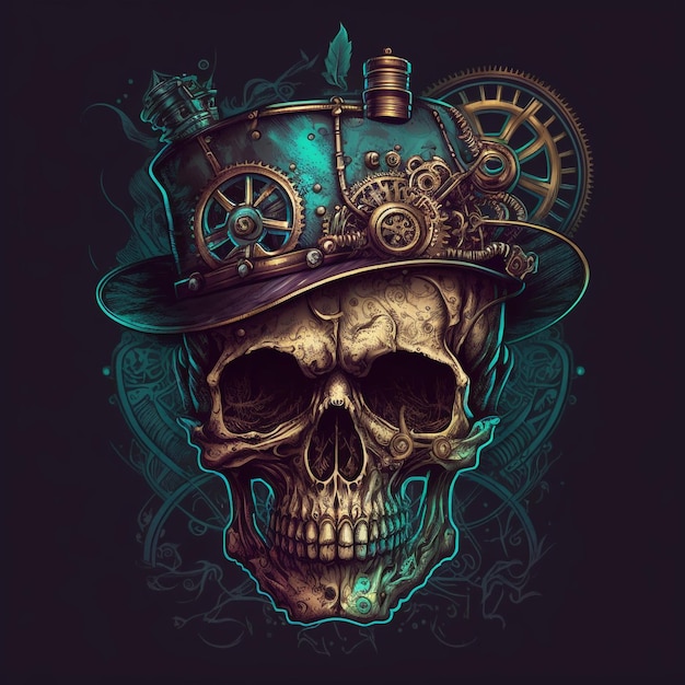 A skull with a top hat and gears on it