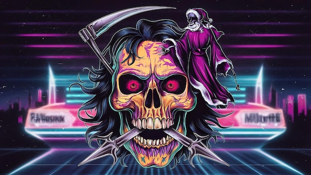 skull with vivid paint spooky concept halloween or santa muerte concept retro future background
