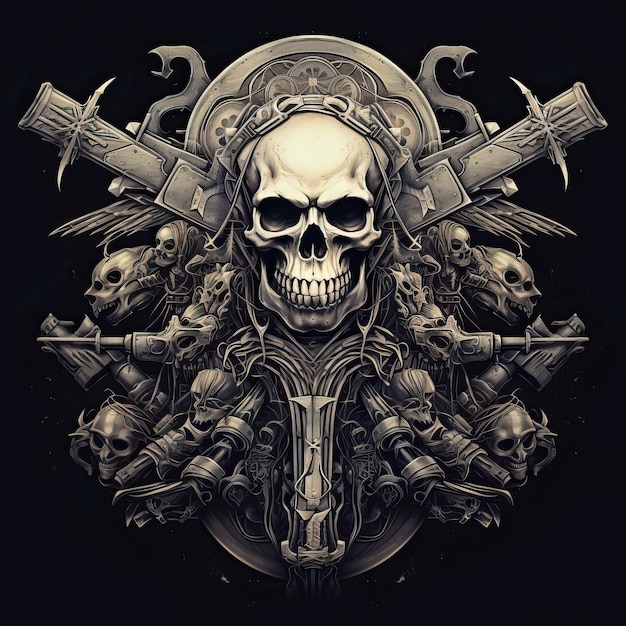 skull with weapons skull and cross in the style of militaristic realism retro rock hd image