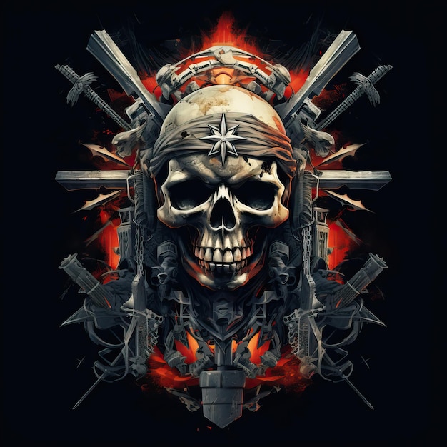 skull with weapons skull and cross in the style of militaristic realism retro rock hd image