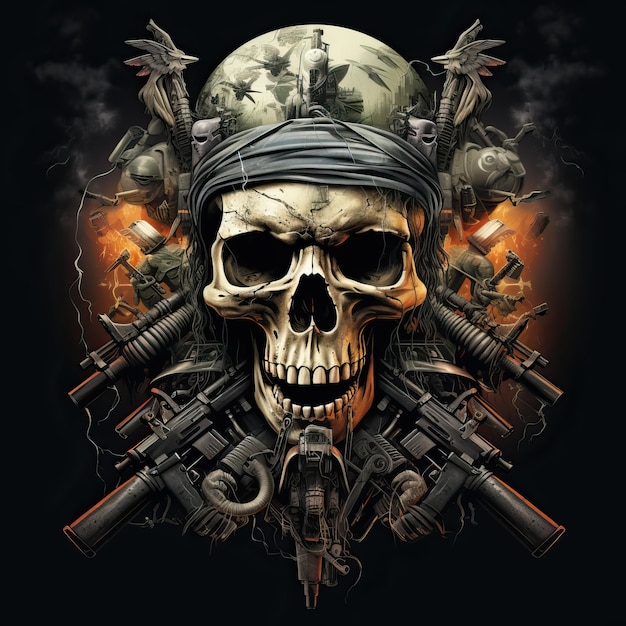 skull with weapons skull and cross in the style of militaristic realism retro rock hd image