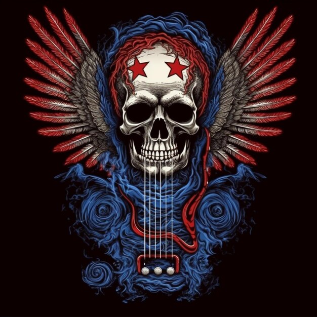 A skull with wings and a guitar with a red star on it generative ai